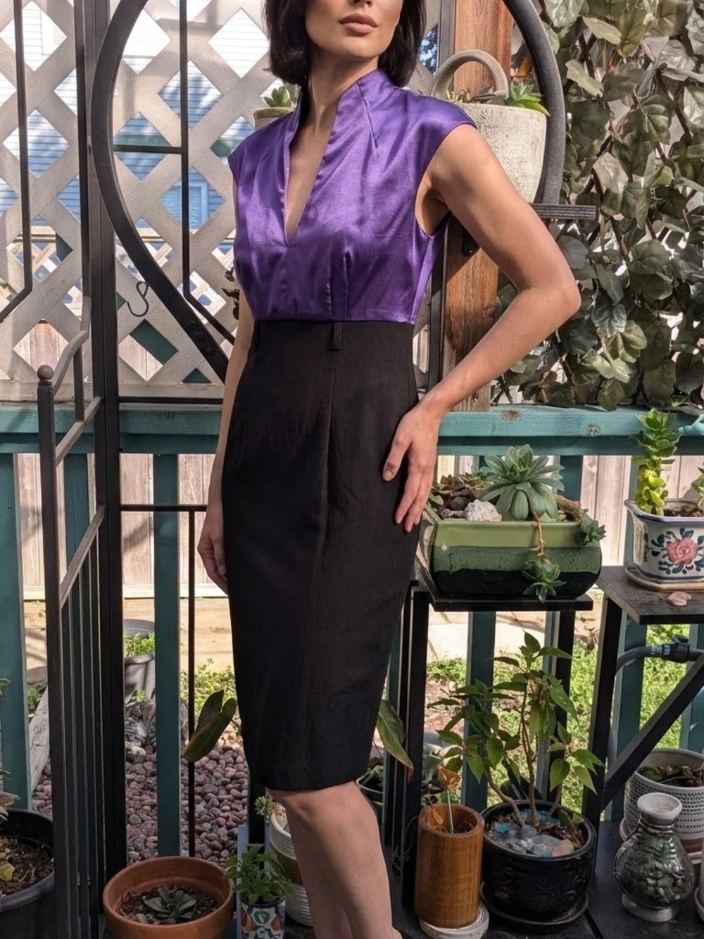 le chateau Purple Satin Bodice Black Sheath Dress